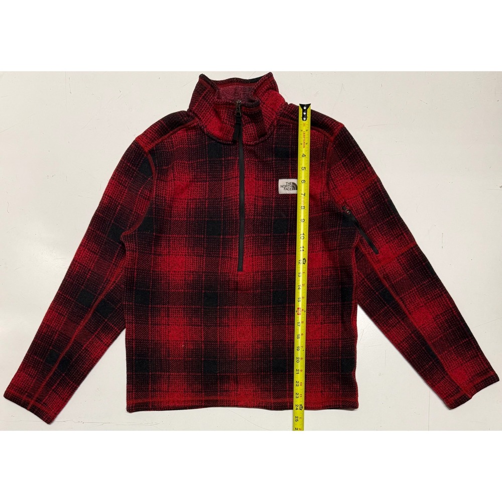 The North Face Mens Red Black Buffalo Plaid Fleece 1/4 Zip Pullover Jacket Med